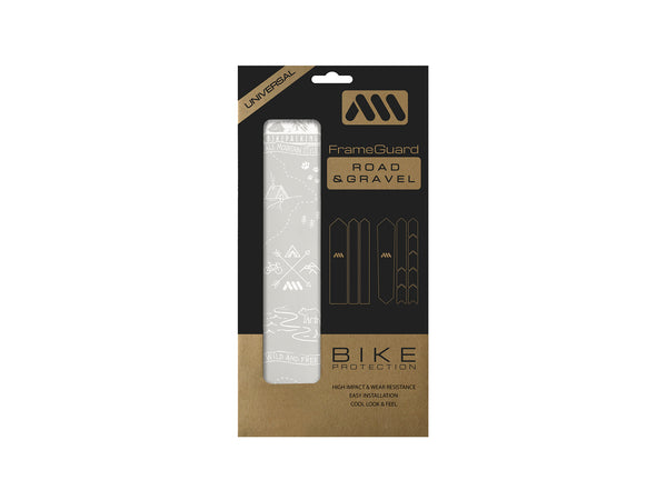 AMS Gravel and Road Frame Protection Bikepacking design in white inside the packaging