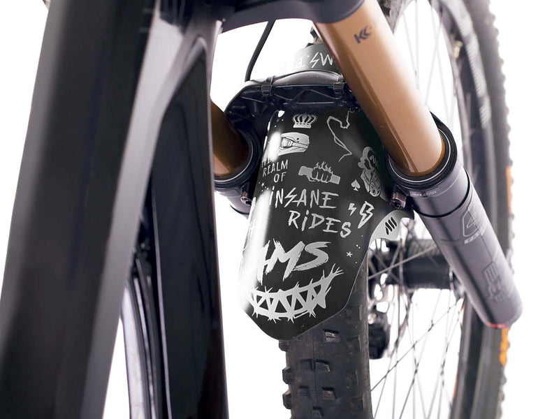 AMS Mud Guard Guard Hell Gang design on a bike fork