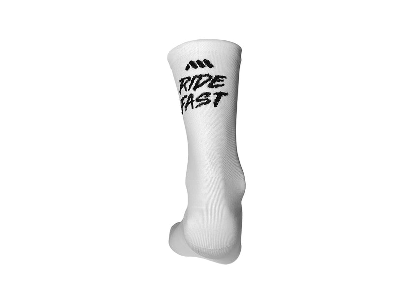 AMS Ride Fast cycling socks in white back view