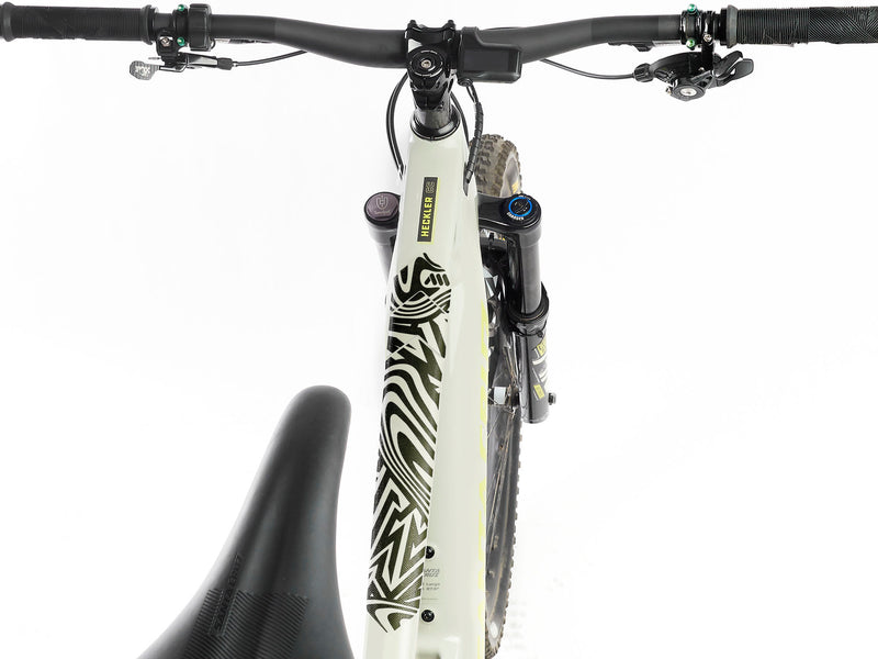 AMS Frame Guard in Full Size Combat Camo design black version on the top tube of a clear colour mtb