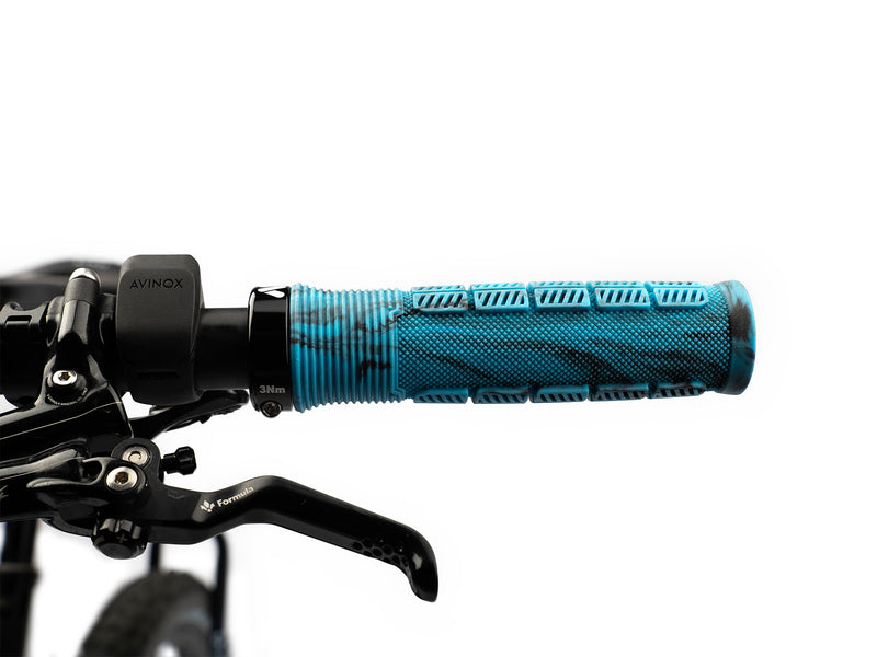 AMS Rise Grips in Blue Camo color. Installed front view