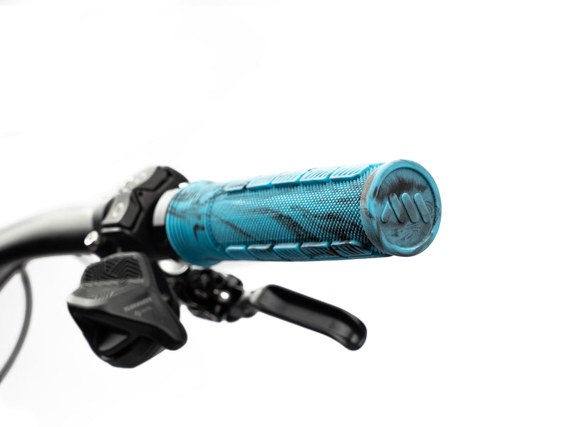 AMS Rise Grips in Blue Camo color. Installed 3/4 view