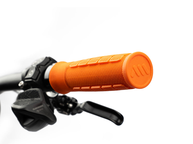 AMS Rise Grips in Orange color. Installed 3/4 view