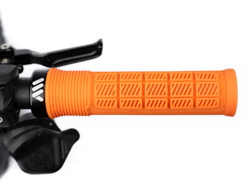 AMS Rise Grips in Orange color. Installed upper view