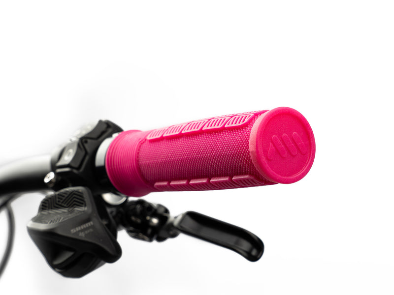 AMS Rise Grips in Pink color. Installed 3/4 view