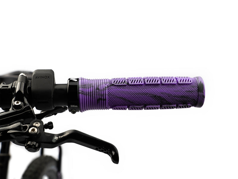 AMS Rise Grips in Purple Camo color. Installed front view