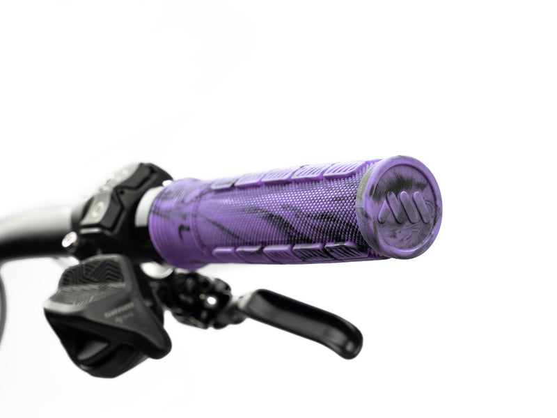 AMS Rise Grips in Purple Camo color. Installed 3/4 view