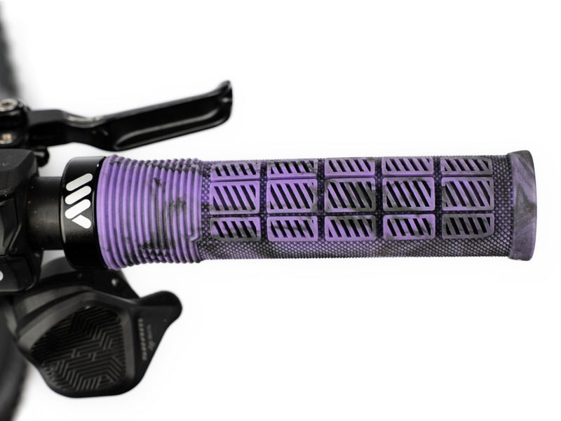 AMS Rise Grips in Purple Camo color. Installed upper view