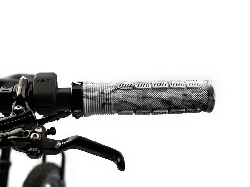 AMS Rise Grips in White Camo color. Installed front view