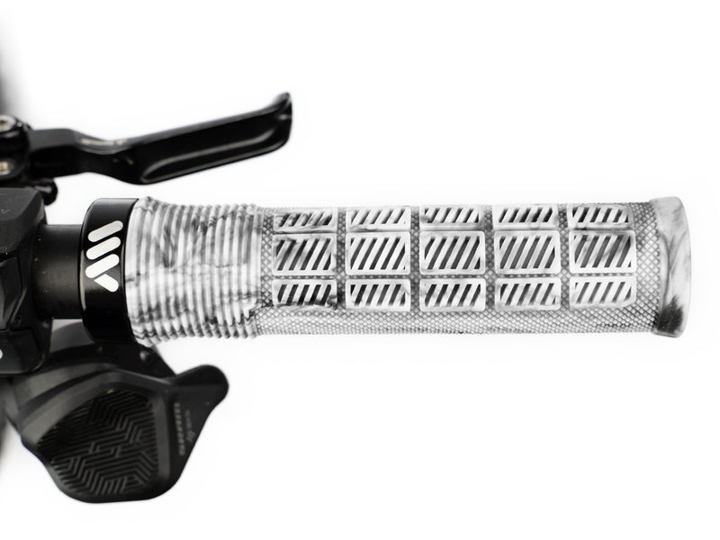 AMS Rise Grips in White Camo color. Installed upper view