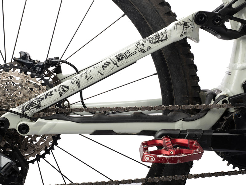 AMS Frame Guard Extra size Opus Magna design Black color variant on a mtb frame stays