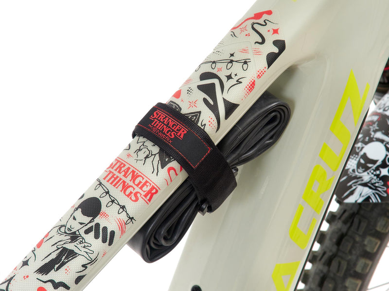 AMS X Stranger Things Hook&Loop strap product on bike with Frame Guard