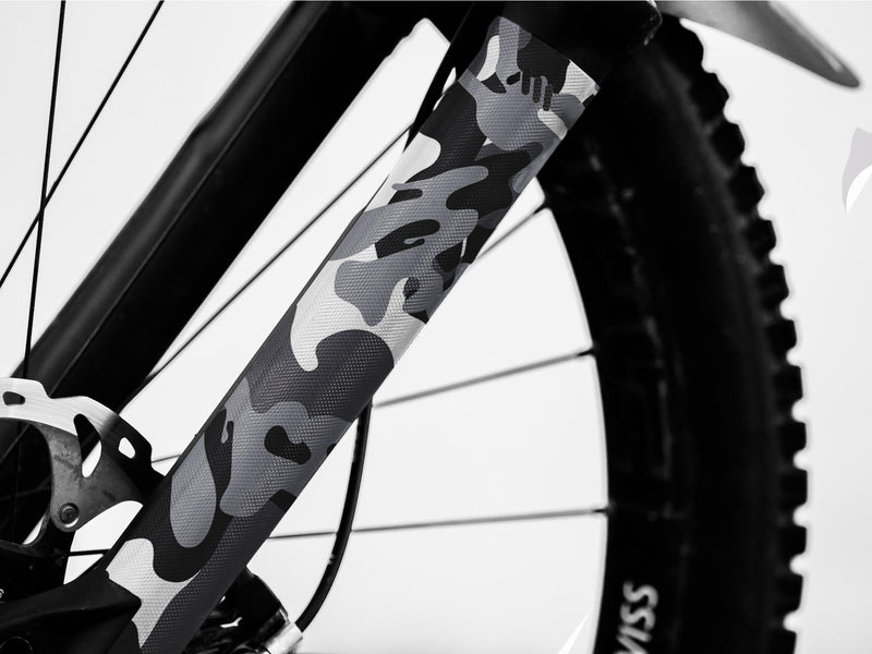 Honeycomb adhesive fork protection for mountain bikes in camo pattern