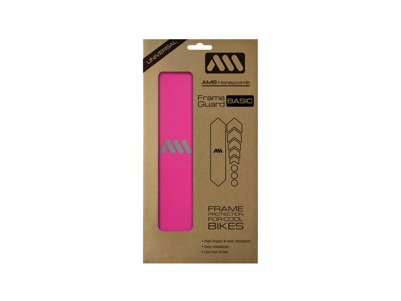 AMS Frame Guard Basic size in magenta inside the packaging XC, Marathon and Trail bikes.