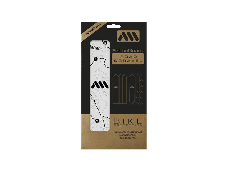 AMS Gravel and Road frame guard sterrato design in black inside the packaging