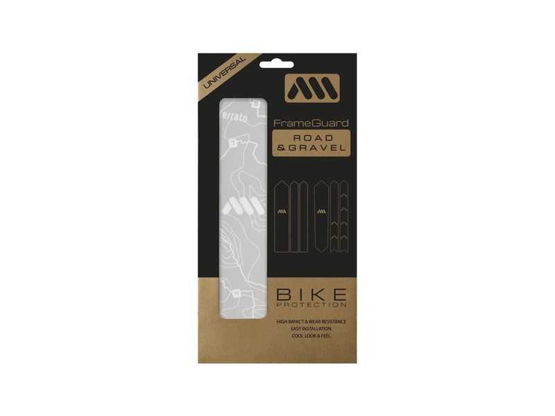 AMS Gravel and Road frame guard sterrato design in white inside the packaging