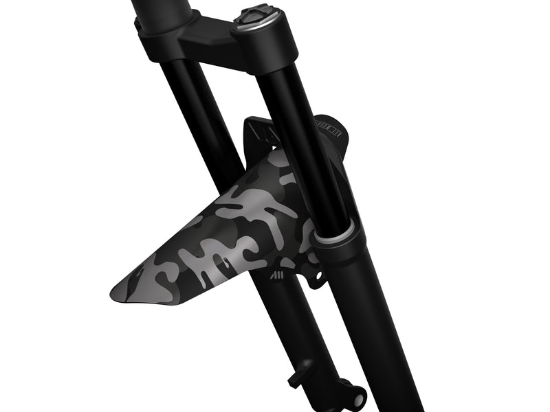 AMS Mud Guard Camo mounted on a mountain bike fork