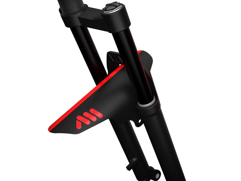 AMS Mud Guard Red mounted on a mountain bike fork