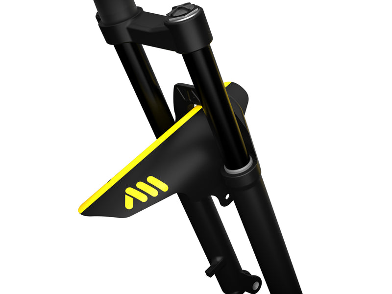 AMS Mud Guard Yellow mounted on a mountain bike fork